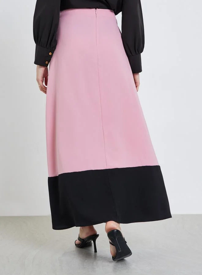 Styli Women Contrast Hem Color Block Maxi Skirt